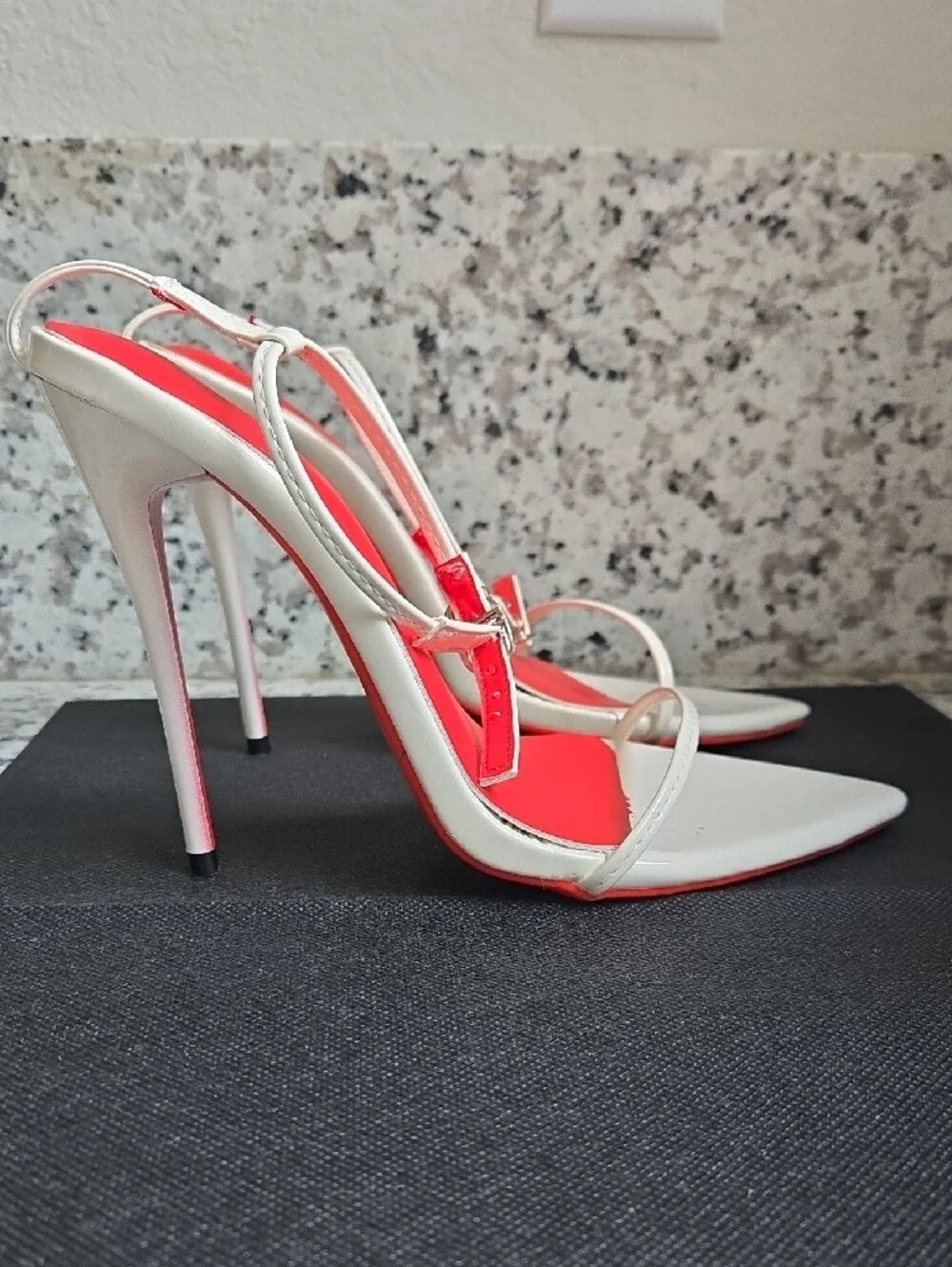 Women's White Pointed Slingback Heels with Red Insole